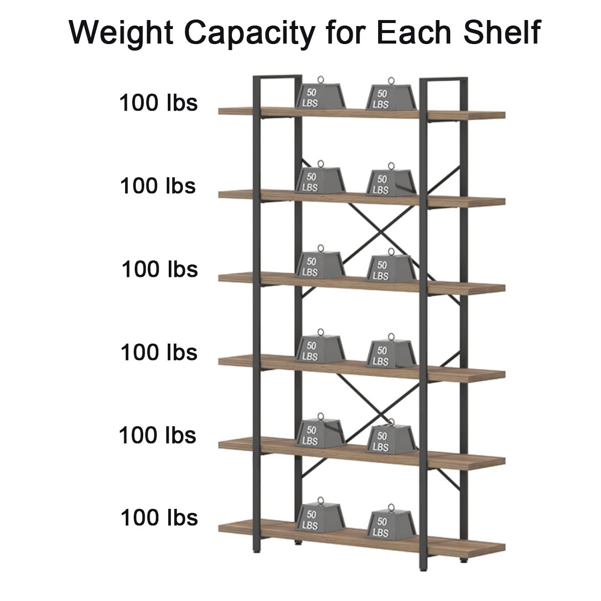 HSH Tall Bookcases and Book Shelves 6 Shelf, Metal Wooden Book Shelf and Storage Rack, Modern Etagere 6 Tier Bookshelf, Farmhouse Large Display Bookshelves for Bedroom Living Room Office, Rustic Oak