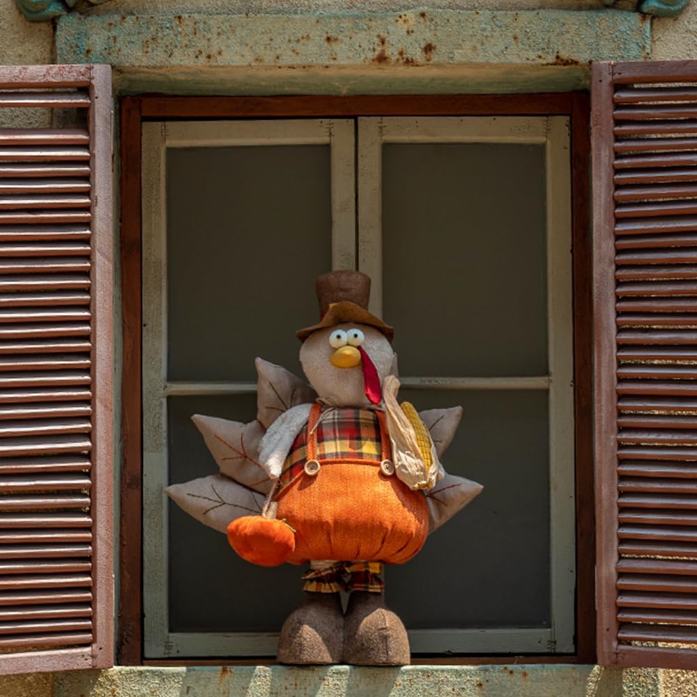 unanscre 22.5’’-36.5’’ Standing Thanksgiving Turkey Plush Decoration - Large Turkey Gnome w/Retractable Spring Legs Stuffed Doll Handmade for Autumn Harvest Ornaments, Home Farmhouse Fall Decor
