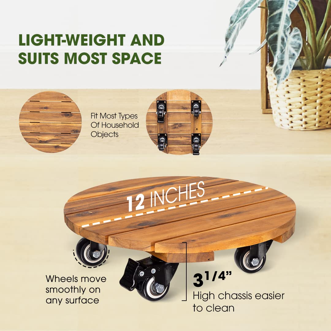 2pack Wood Plant Caddy With Wheels Heavy Duty Red Brown, 264 Lbs Capacity, 12 Inch Acacia Hardwood Plant Dolly, Plant Stand with 360° Lockable Wheels for Plant Pots, Heavy Objects Hauling