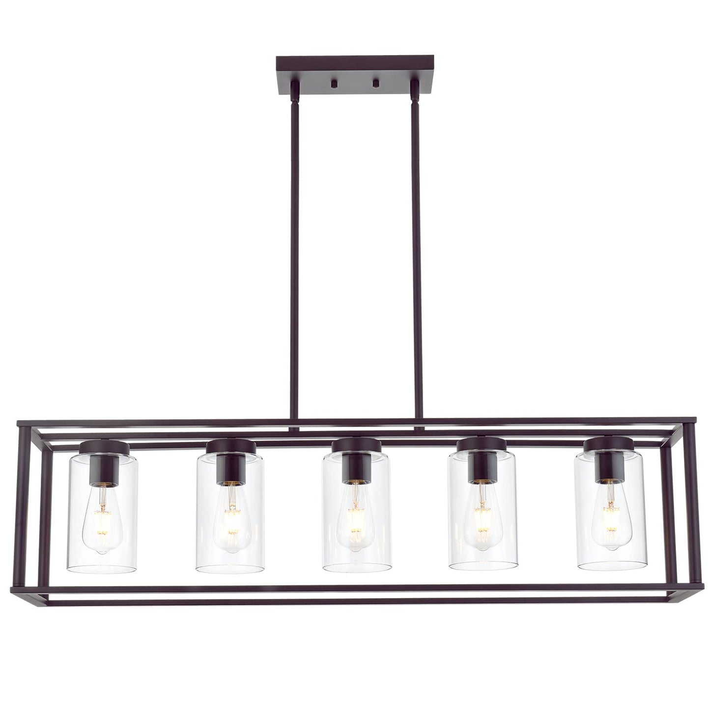 VINLUZ Farmhouse Chandeliers for Kitchen Island with Clear Glass Shade Black and Brushed Brass 5 Light Dining Room Lighting Fixtures Hanging, Rectangle Pendant Lights Industrial Ceiling Light