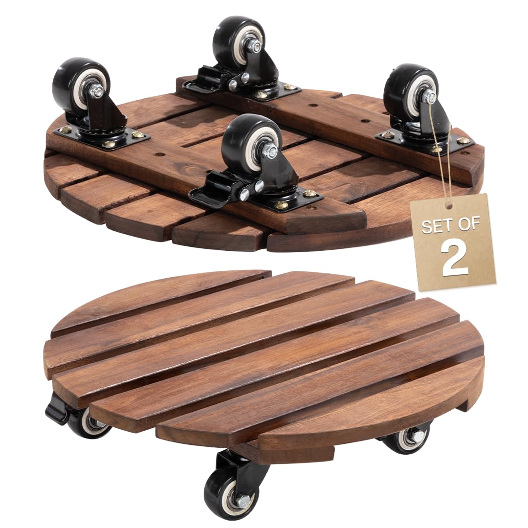 2pack Wood Plant Caddy With Wheels Heavy Duty Red Brown, 264 Lbs Capacity, 12 Inch Acacia Hardwood Plant Dolly, Plant Stand with 360° Lockable Wheels for Plant Pots, Heavy Objects Hauling