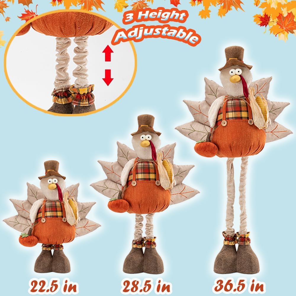 unanscre 22.5’’-36.5’’ Standing Thanksgiving Turkey Plush Decoration - Large Turkey Gnome w/Retractable Spring Legs Stuffed Doll Handmade for Autumn Harvest Ornaments, Home Farmhouse Fall Decor