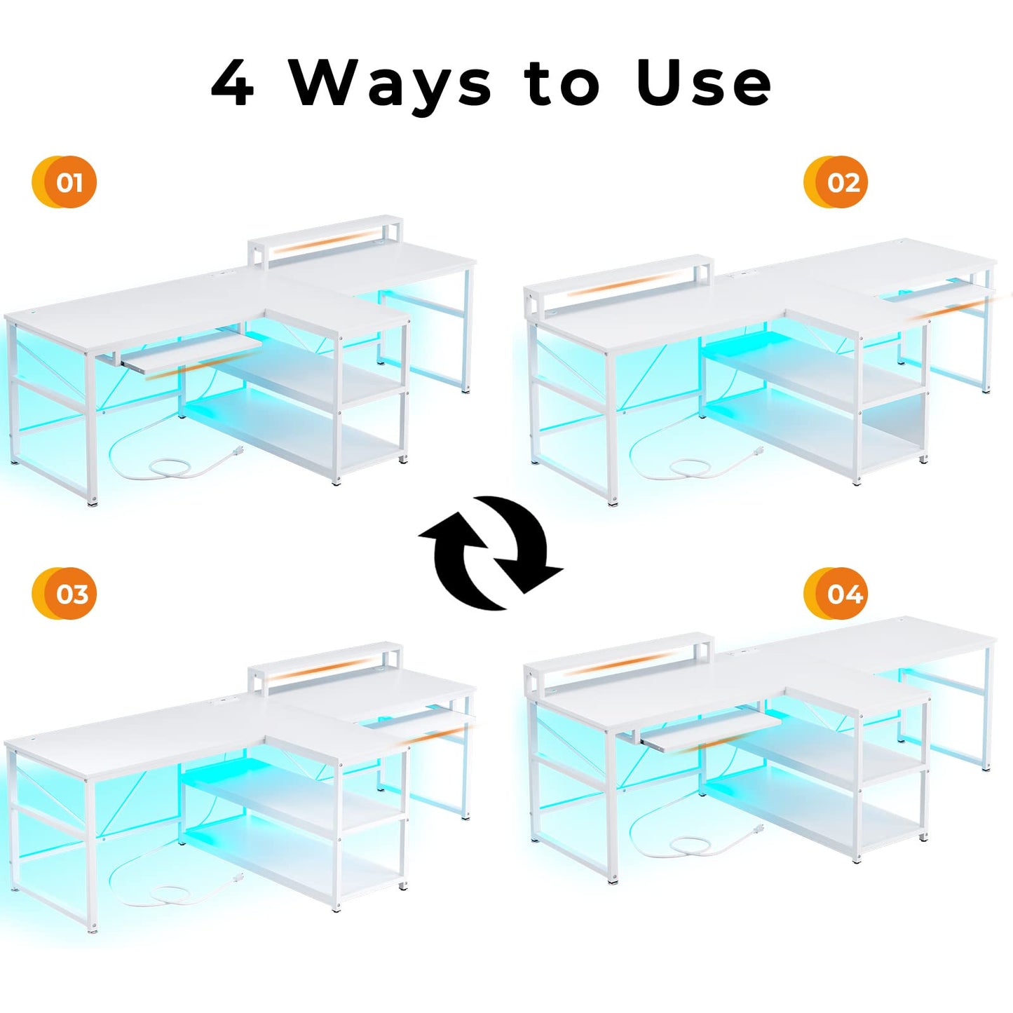 SEDETA 94.5" Home Office Desks, Computer Gaming Desk with Storage, LED Lights, Power Strip with USB, Keyboard Tray & Monitor Stand, Extra Long Double Desk for 2 Person