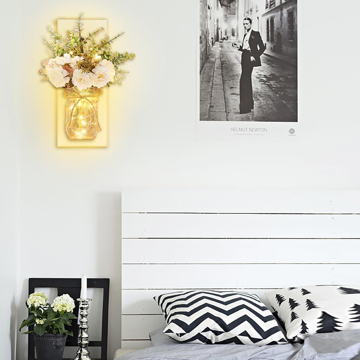 Rustic Wall Sconces Mason Jar Sconces Handmade Wall Art Hanging Design with Remote Control LED Fairy Lights and White Peony,Christmas Decor Gift Farmhouse Wall Home Decor Living Room Lights Set of Two
