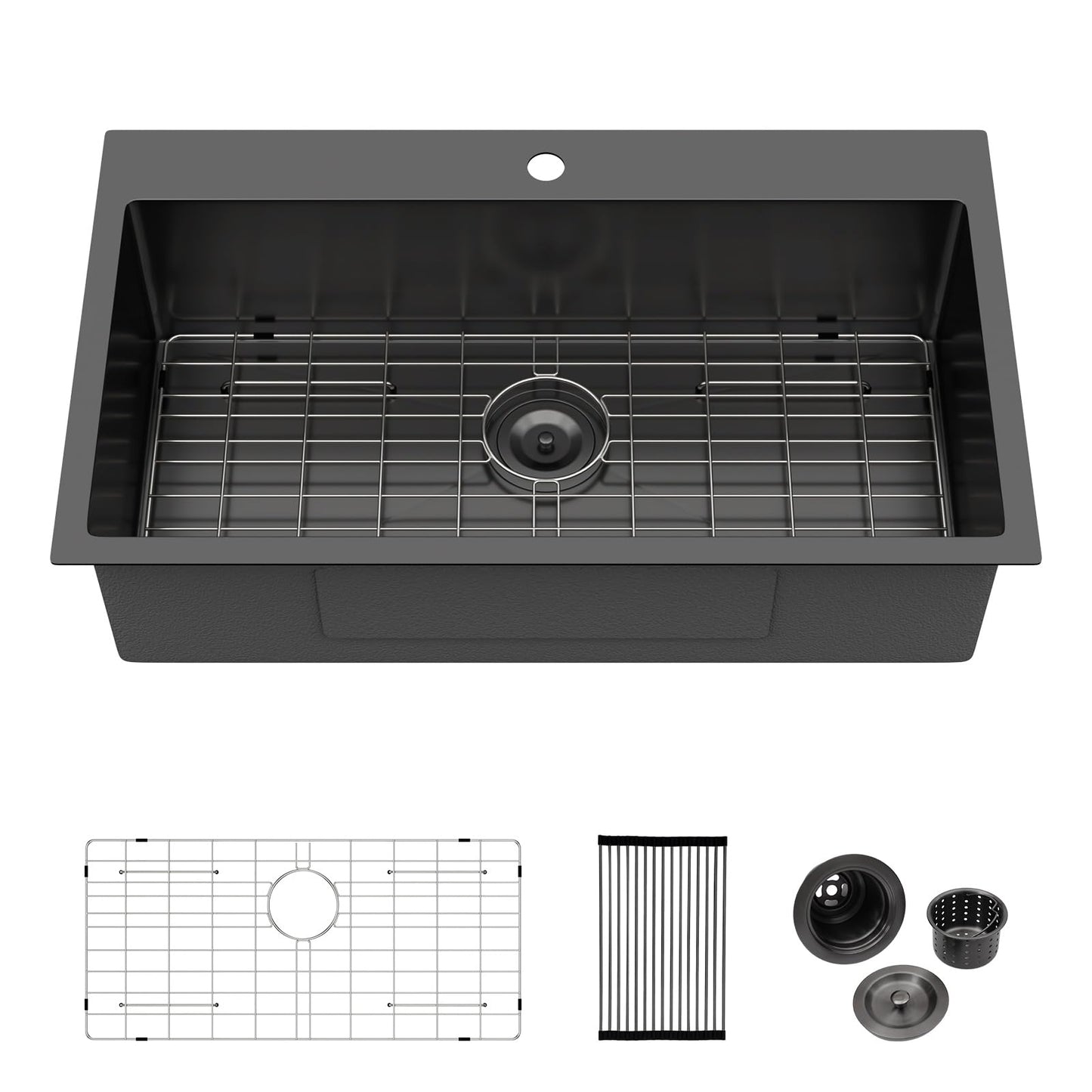 Logmey 33x22 Drop In Kitchen Sink Workstation Black Kitchen Sink SUS304 16 Gauge Stainless Steel Single Bowl Top Mount Gunmetal Black Stainless Steel Sinks