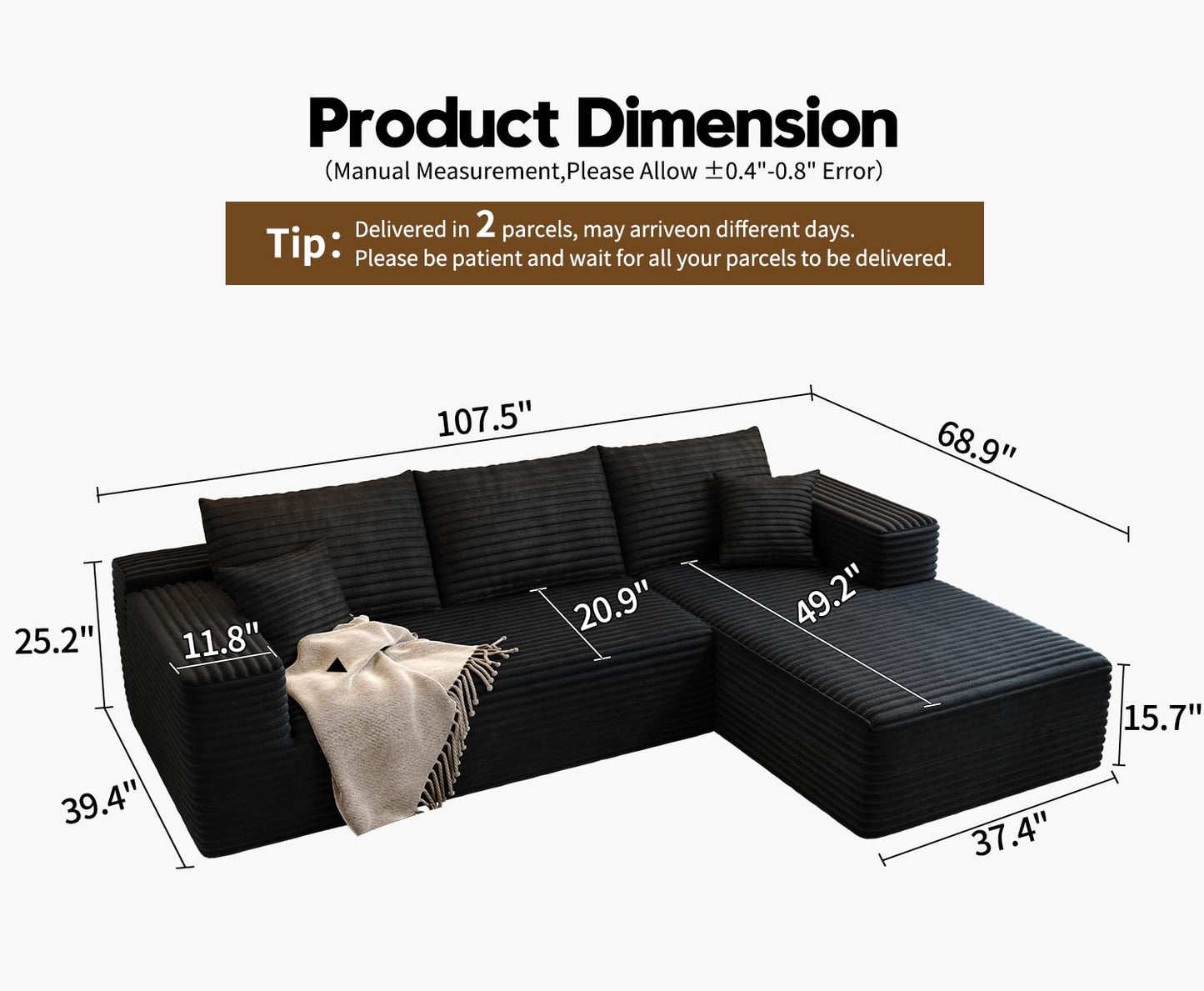 107.5" Cloud Modular Sectional Sofa with 1 Ottoman,Modern Minimalist Upholstered Couches, Comfort U Shaped Sofa for Living Room,Deep Seat Corner Couch,No Assembly Required (Black,Left Facing Chaise)