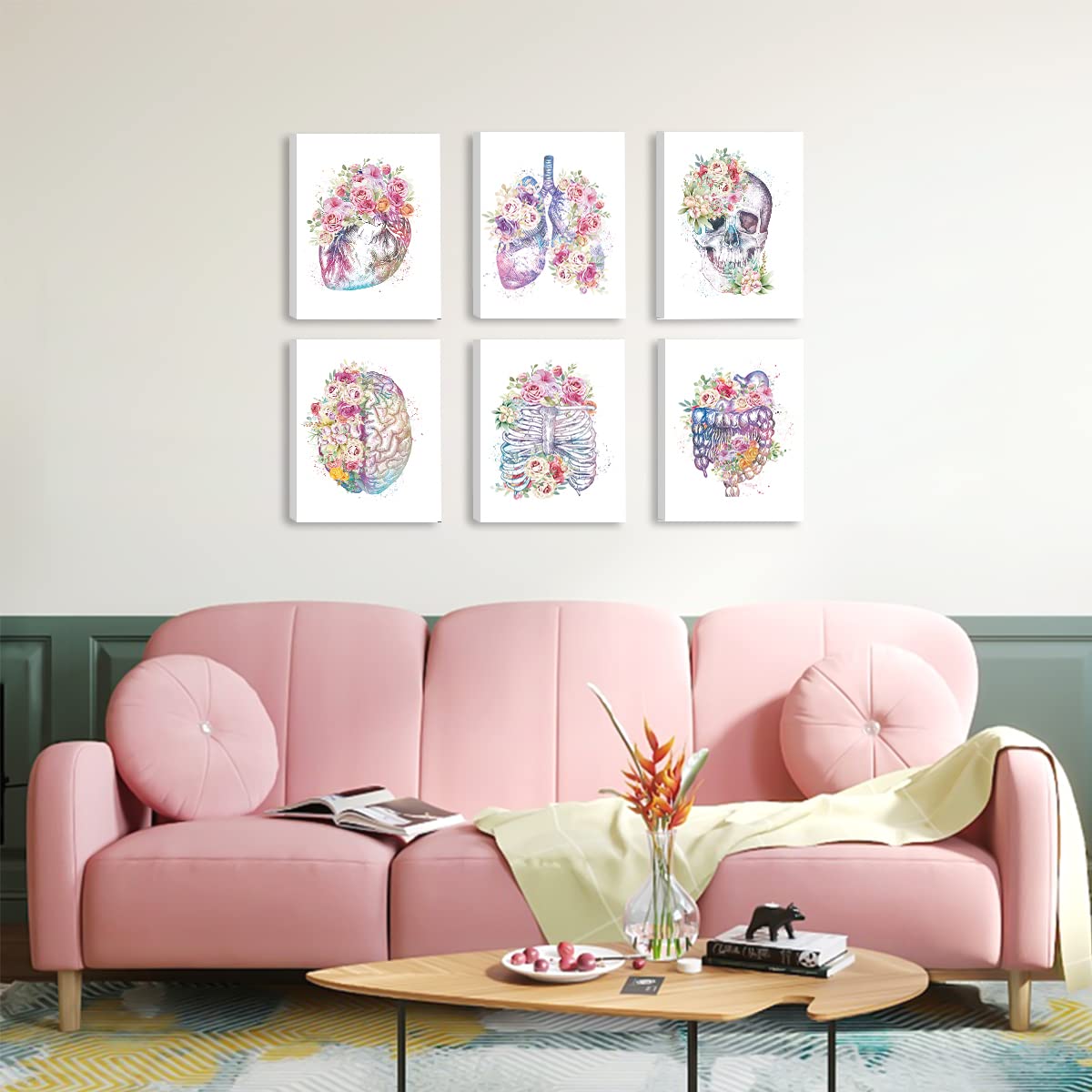CHDITB Unframed Flowers Skeletal Wall Art Print, Human Organs Art Printing, Body Anatomy Art Posters Abstract Anatomy Viscera Skull Wall Decor, Medical Wall Art For Clinic -Set Of 6 (8" x 10")