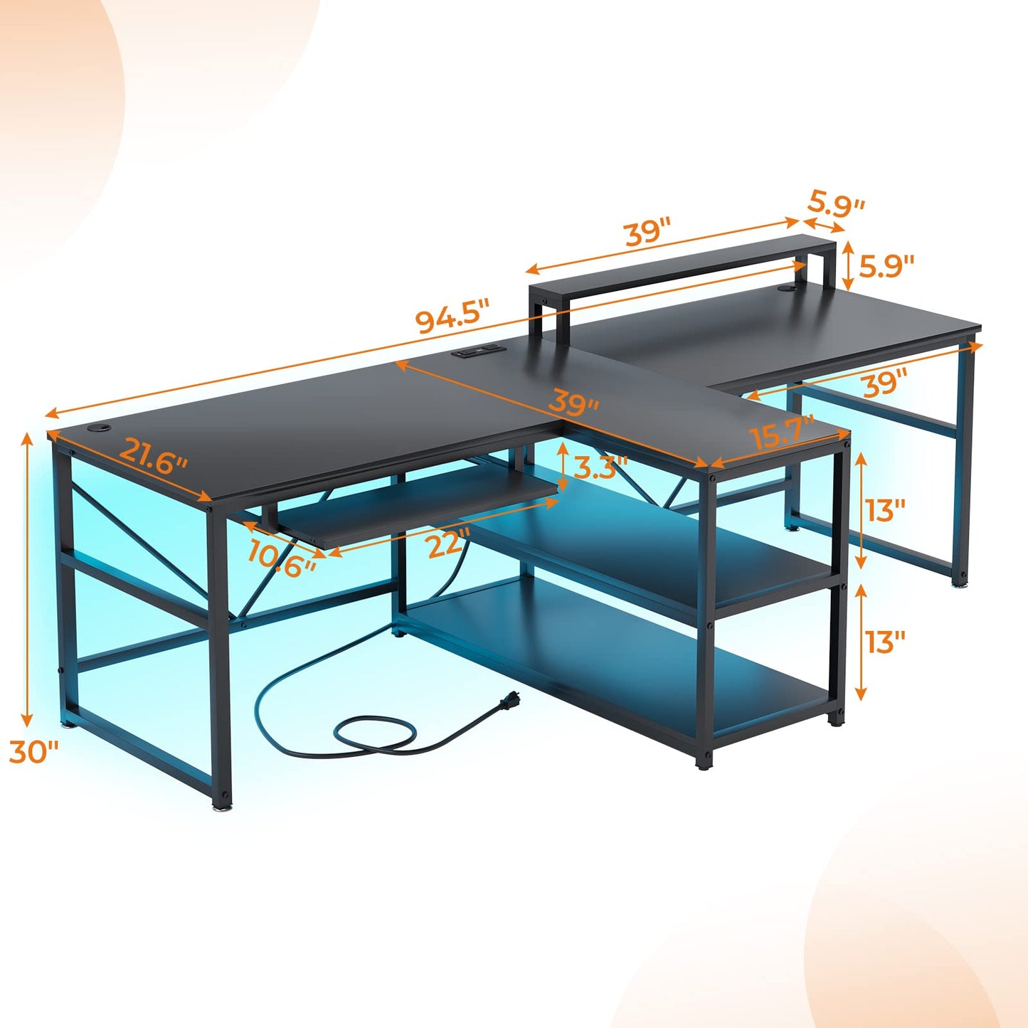 SEDETA 94.5" Home Office Desks, Computer Gaming Desk with Storage, LED Lights, Power Strip with USB, Keyboard Tray & Monitor Stand, Extra Long Double Desk for 2 Person