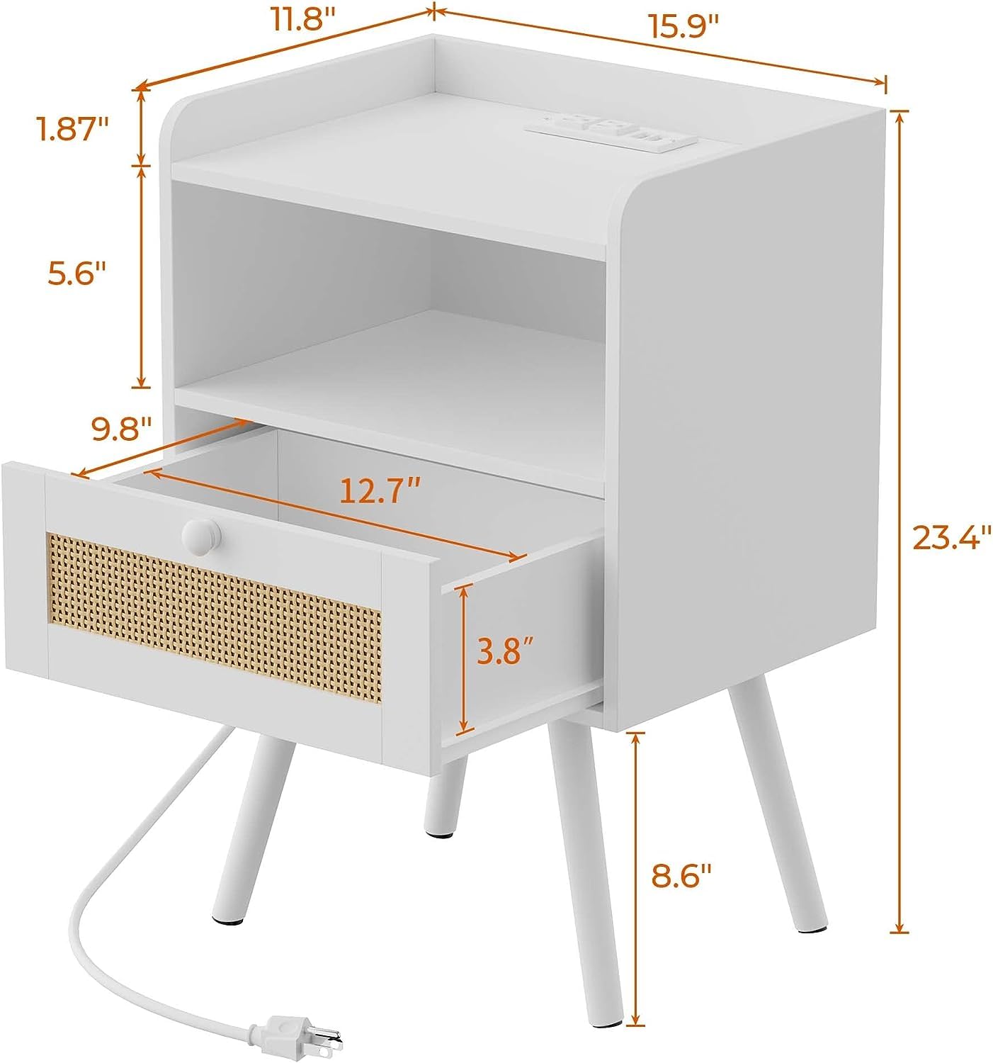 SUPERJARE Nightstands Set of 2, Night Stands with Charging Station & PE Rattan Decor Drawer, Bed Side Tables with Solid Wood Feet, End Table, for Bedroom, Living Room - Natural