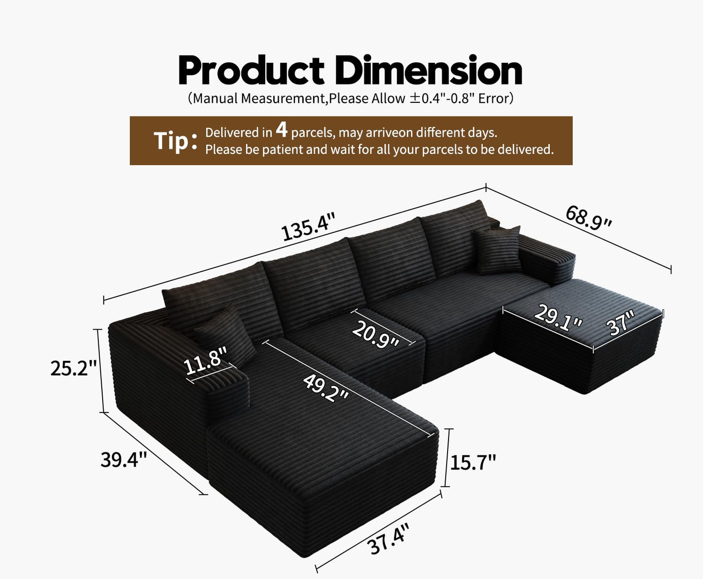 107.5" Cloud Modular Sectional Sofa with 1 Ottoman,Modern Minimalist Upholstered Couches, Comfort U Shaped Sofa for Living Room,Deep Seat Corner Couch,No Assembly Required (Black,Left Facing Chaise)