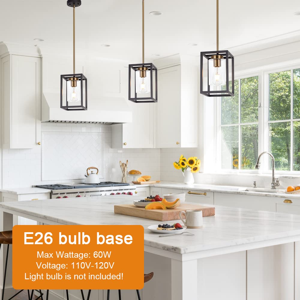 VINLUZ Farmhouse Chandeliers for Kitchen Island with Clear Glass Shade Black and Brushed Brass 5 Light Dining Room Lighting Fixtures Hanging, Rectangle Pendant Lights Industrial Ceiling Light