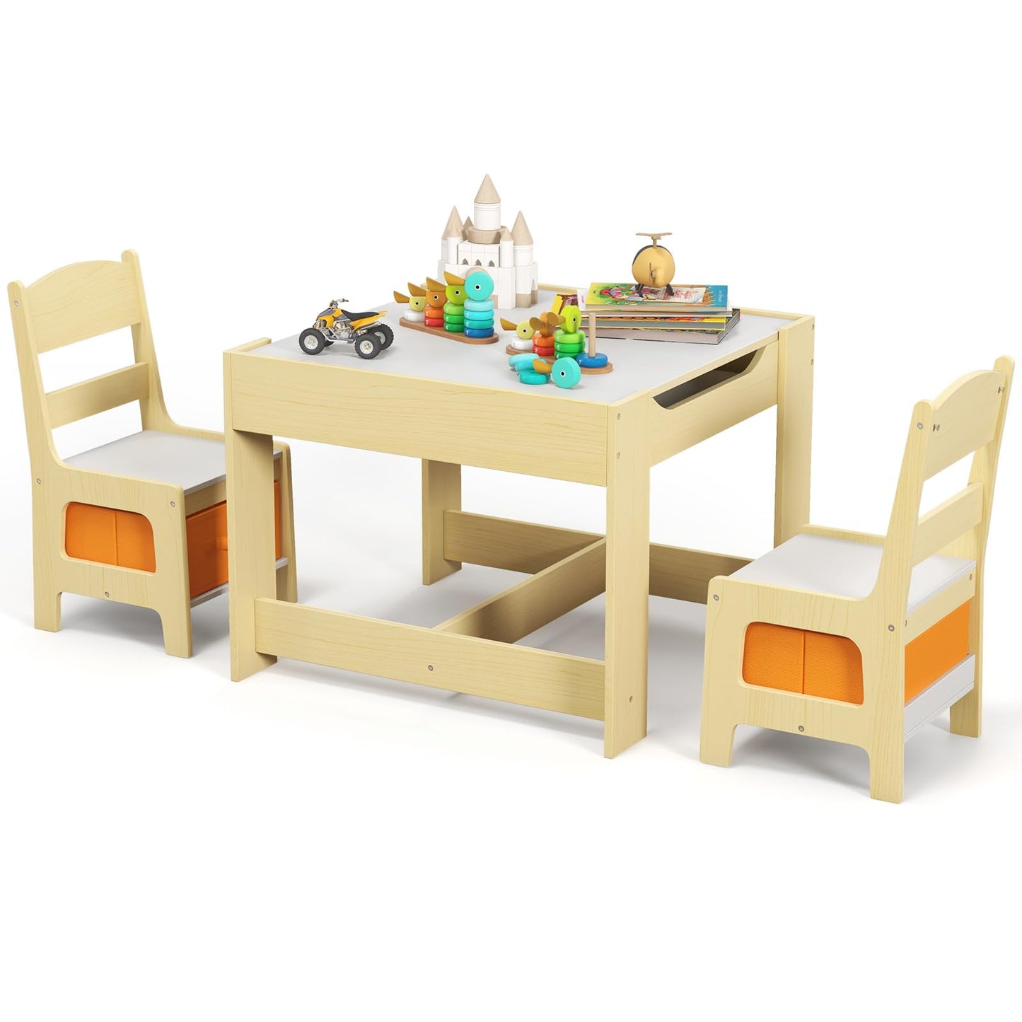 Costzon Kids Table and Chairs, 4 in 1 Wooden Activity Desk Set w/Reversible Tabletop, Bookshelves & Storage Drawers for Drawing, Reading, Crafts, Playing, Toddler Table and Chair Set