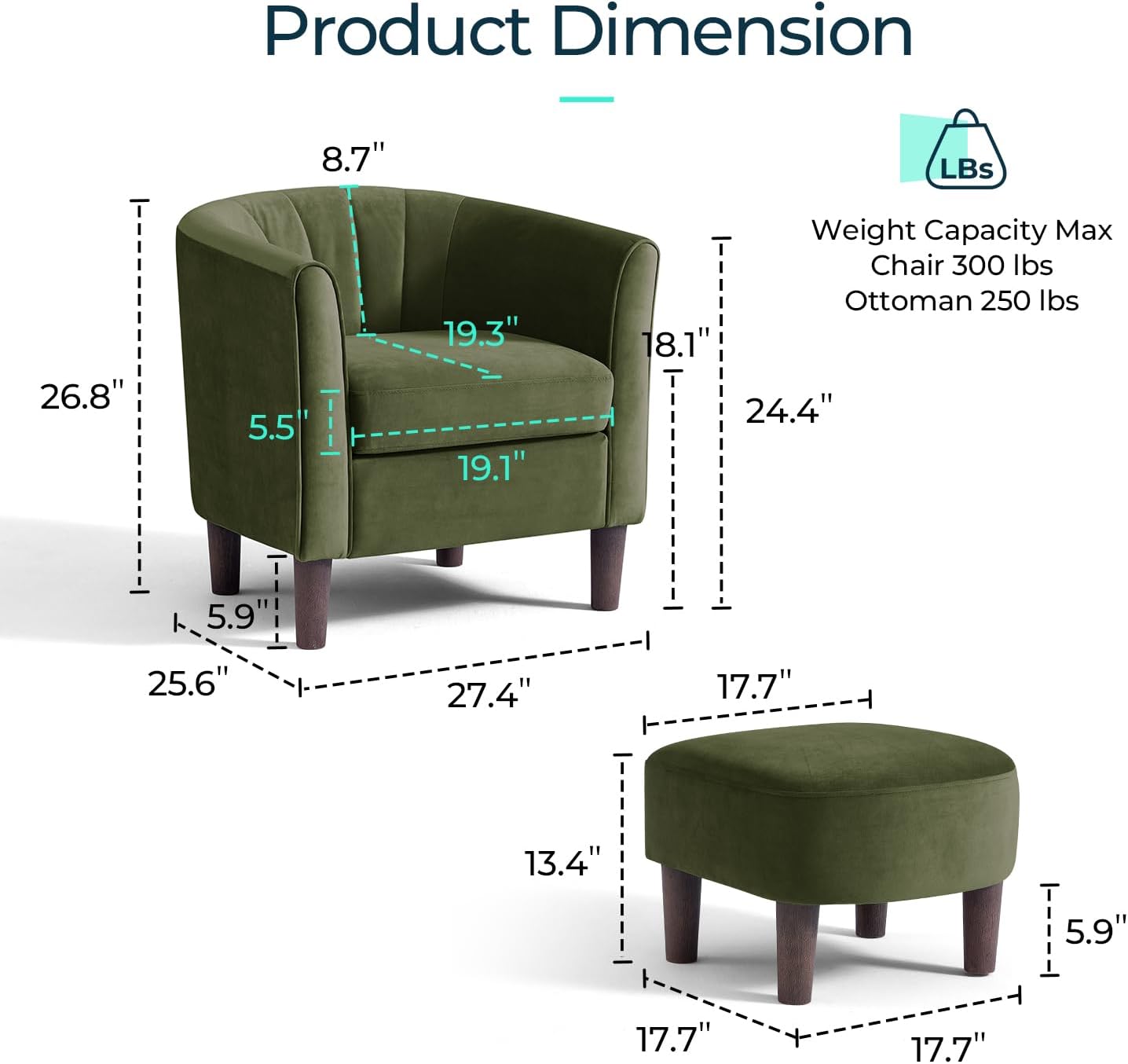 LINSY Accent Chair with Ottoman, Modern Barrel Chair Comfy Armchair with Footrest