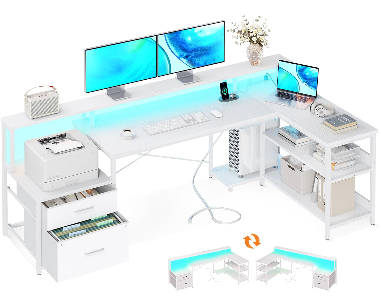 ODK L Shaped Desk with File Drawer, 75" Reversible L Shaped Computer Desk with Power Outlet & LED Strip, Office Desk with Storage Shelves, Gaming Desks with Monitor Shelf, Corner Table, Grey Oak