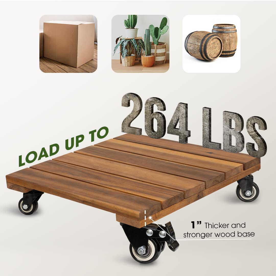 2pack Wood Plant Caddy With Wheels Heavy Duty Red Brown, 264 Lbs Capacity, 12 Inch Acacia Hardwood Plant Dolly, Plant Stand with 360° Lockable Wheels for Plant Pots, Heavy Objects Hauling