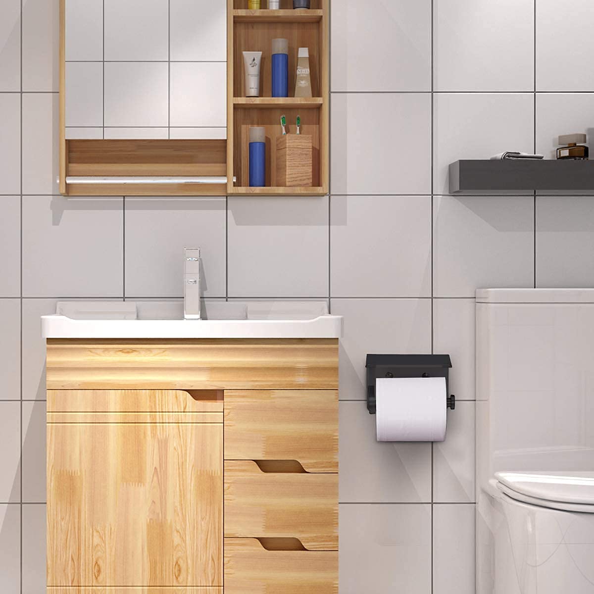 VAEHOLD Self Adhesive Toilet Paper Holder with Phone Shelf Stainless Steel Wall Mounted Toilet Paper Roll Holder - Rustproof and Bathroom Washroom Tissue Roll Holder with Shelf - Black