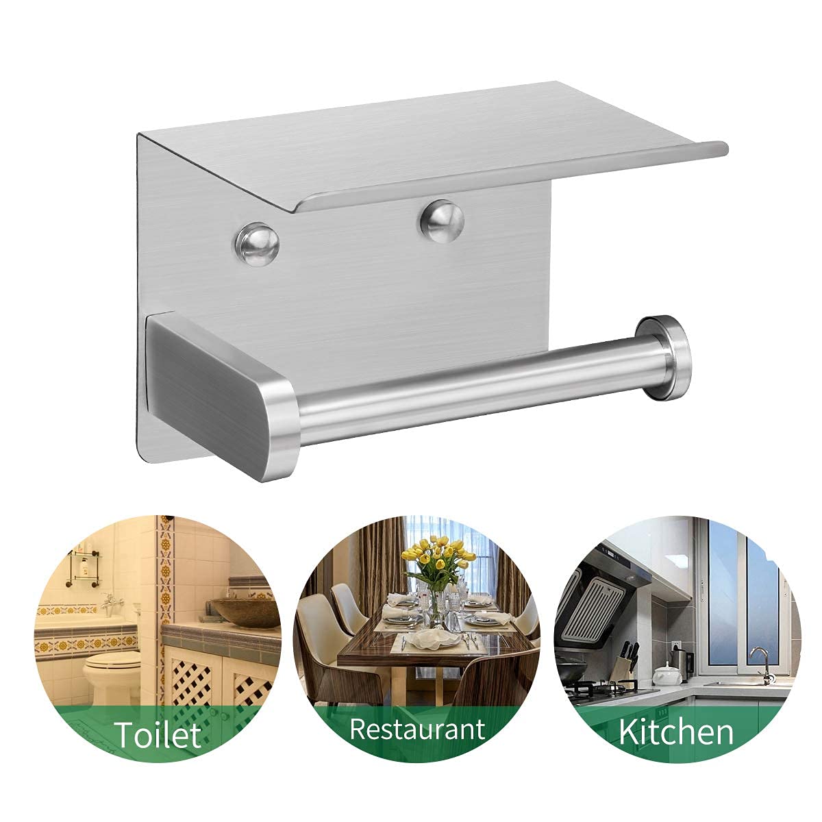 VAEHOLD Self Adhesive Toilet Paper Holder with Phone Shelf Stainless Steel Wall Mounted Toilet Paper Roll Holder - Rustproof and Bathroom Washroom Tissue Roll Holder with Shelf - Black