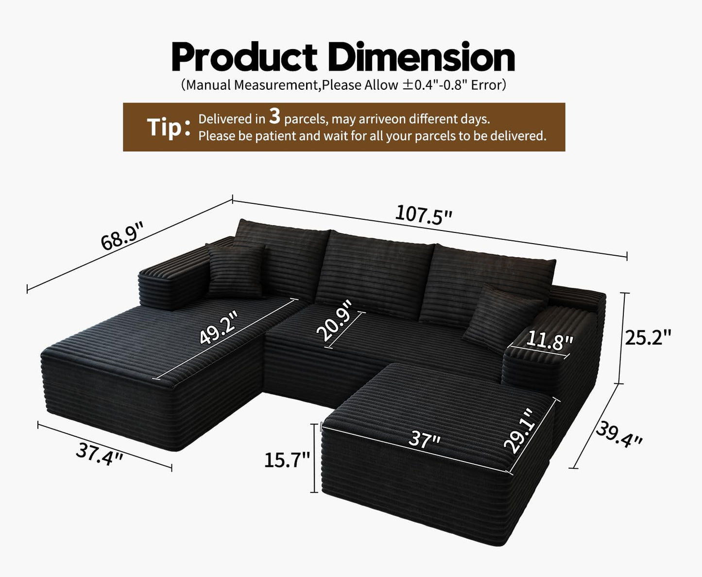 107.5" Cloud Modular Sectional Sofa with 1 Ottoman,Modern Minimalist Upholstered Couches, Comfort U Shaped Sofa for Living Room,Deep Seat Corner Couch,No Assembly Required (Black,Left Facing Chaise)