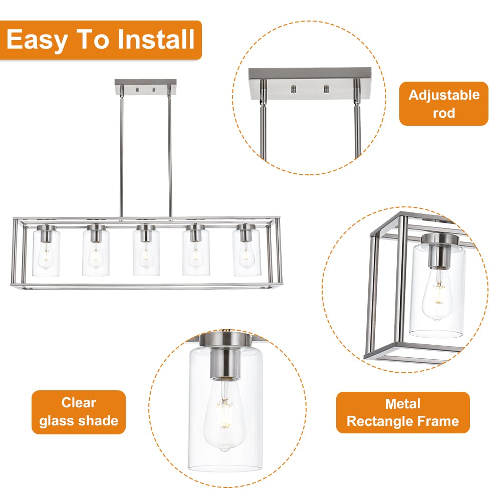 VINLUZ Farmhouse Chandeliers for Kitchen Island with Clear Glass Shade Black and Brushed Brass 5 Light Dining Room Lighting Fixtures Hanging, Rectangle Pendant Lights Industrial Ceiling Light