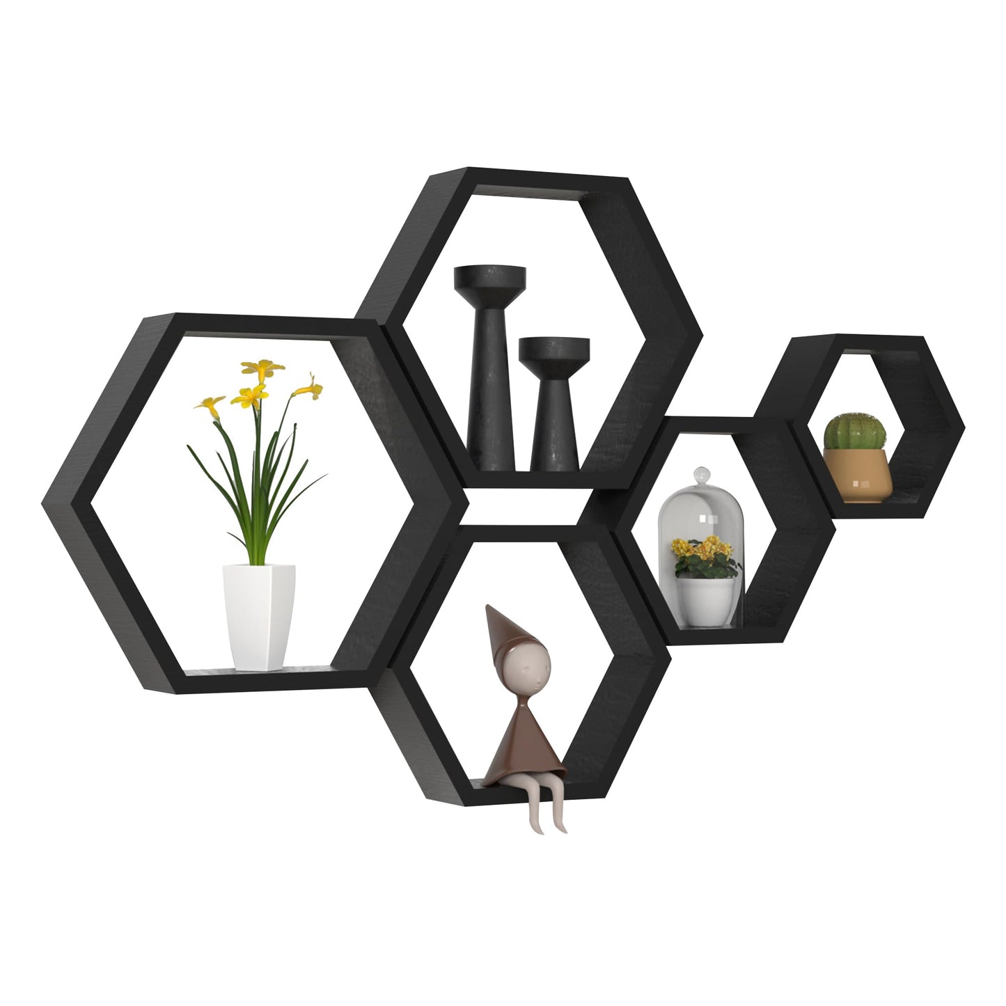 WONFUlity Hexagon Floating Shelves Honeycomb Shelves Wall Mounted Wood Farmhouse Storage Wall Shelf for Bathroom, Kitchen, Bedroom, Living Room,Driftwood Finish Decor, Black