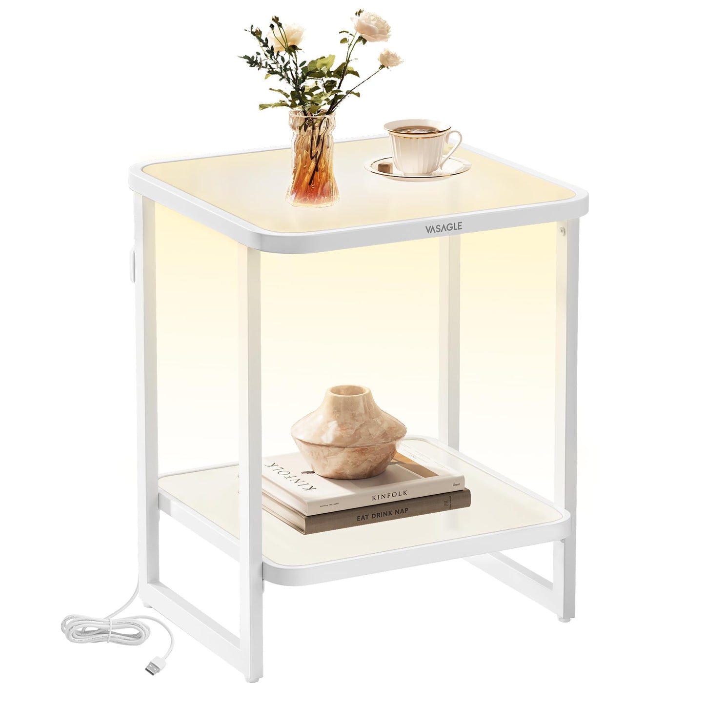 VASAGLE Side Table with Charging Station, Round End Table With Fabric Basket, Nightstand with Power Outlets USB Ports, for Living Room, Bedroom, Modern, Ebony Black and Slate Gray ULET228B01