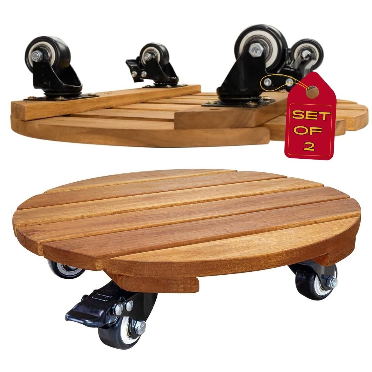 2pack Wood Plant Caddy With Wheels Heavy Duty Red Brown, 264 Lbs Capacity, 12 Inch Acacia Hardwood Plant Dolly, Plant Stand with 360° Lockable Wheels for Plant Pots, Heavy Objects Hauling