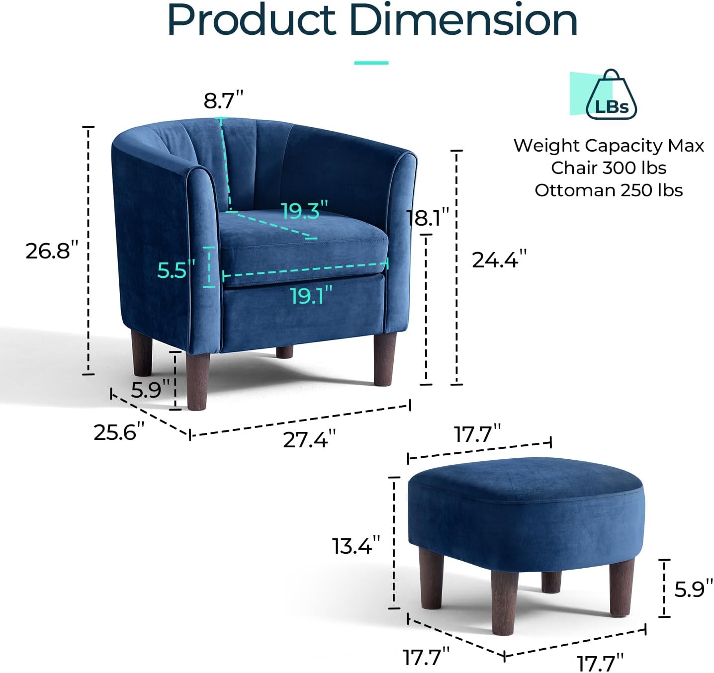 LINSY Accent Chair with Ottoman, Modern Barrel Chair Comfy Armchair with Footrest