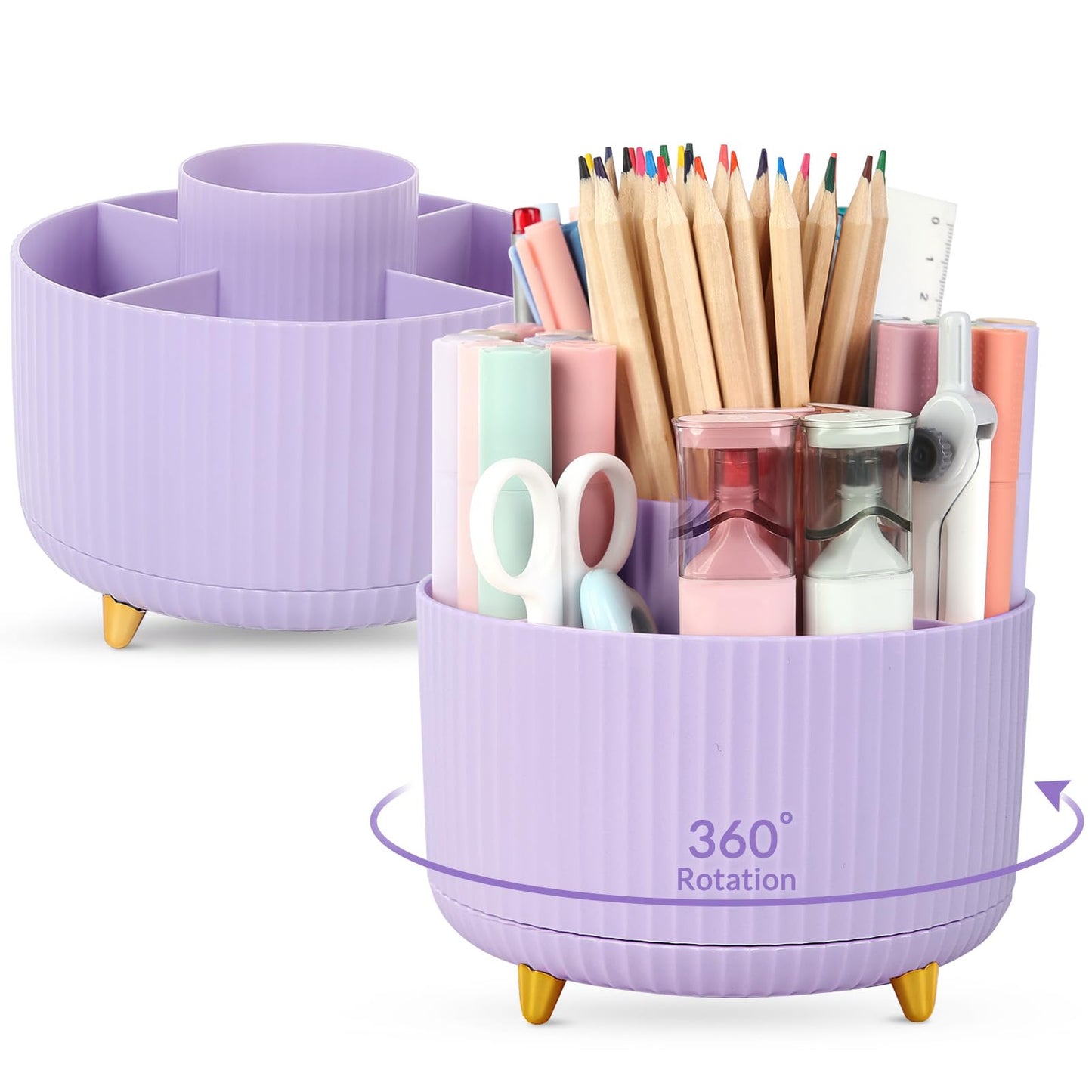 SKYDUE 360 Rotating Plastic Desk Pen Organizer with 5 Slots, Dual-Purpose Art Supply Pencil Cup for Office, School, Home