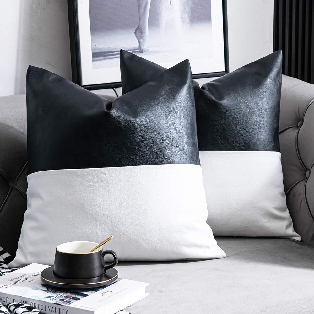 DEZENE Leather Throw Pillow Covers, Set of 2 Modern Leather/Cotton Decorative Pillowcases for Home Decor