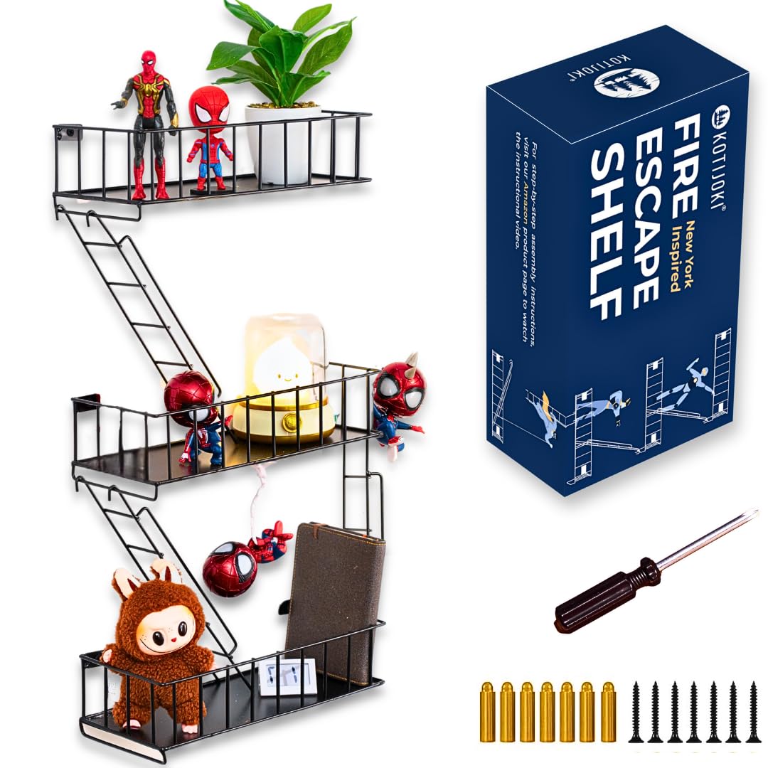 Fire Escape Wall Shelf - New York Metal Decorative Shelf with Screwdriver & Screws, Rustic Wall Shelves for Bedroom, Home Décor, Action Figure Display (3-Tier Black Floating Shelves)