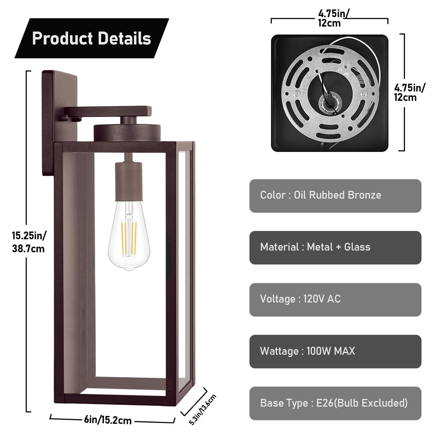 Outdoor Wall Light Fixtures, Exterior Waterproof Wall Lanterns, Porch Sconces Lighting with E26 Sockets & Glass Shades, Modern Matte Black Outside Lights for Patio Front Door Entryway Garage, 2-Pack