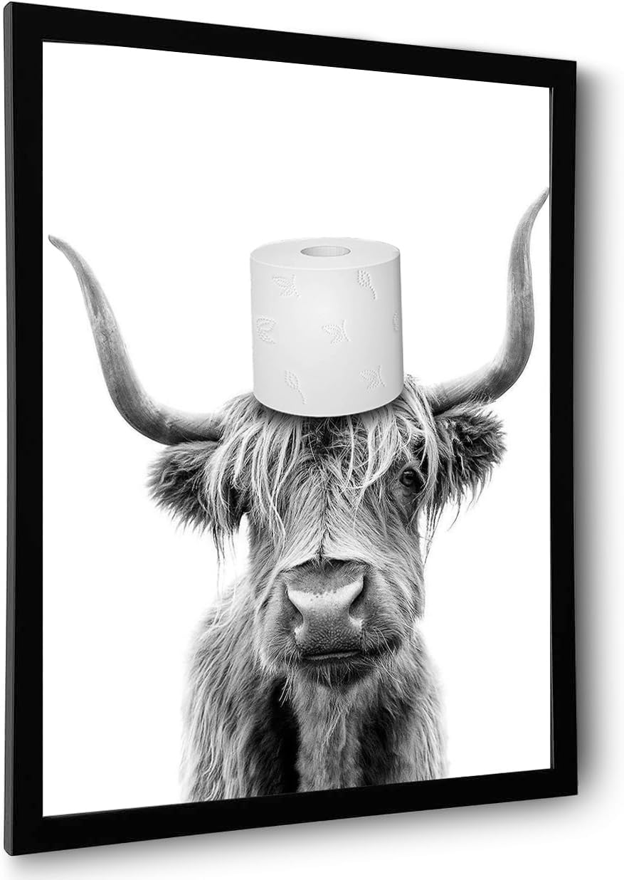 Foduuo Wall Art, Funny Highland Cow Poster, Black Framed, Waterproof, Bathroom Decoration