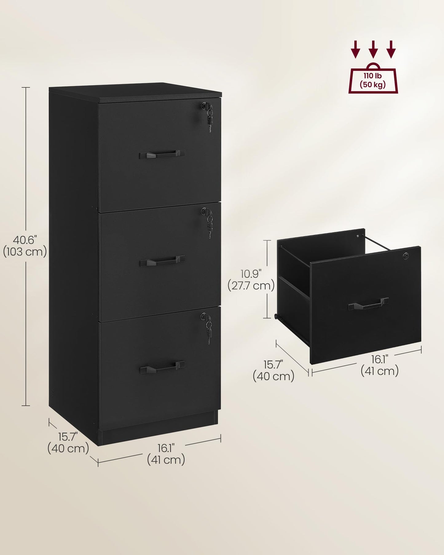 VASAGLE 3-Drawer Vertical File Cabinet, Rustic Brown and Black, for Home Office and Bedroom, A4 and Letter-Size Files, Lockable Drawers