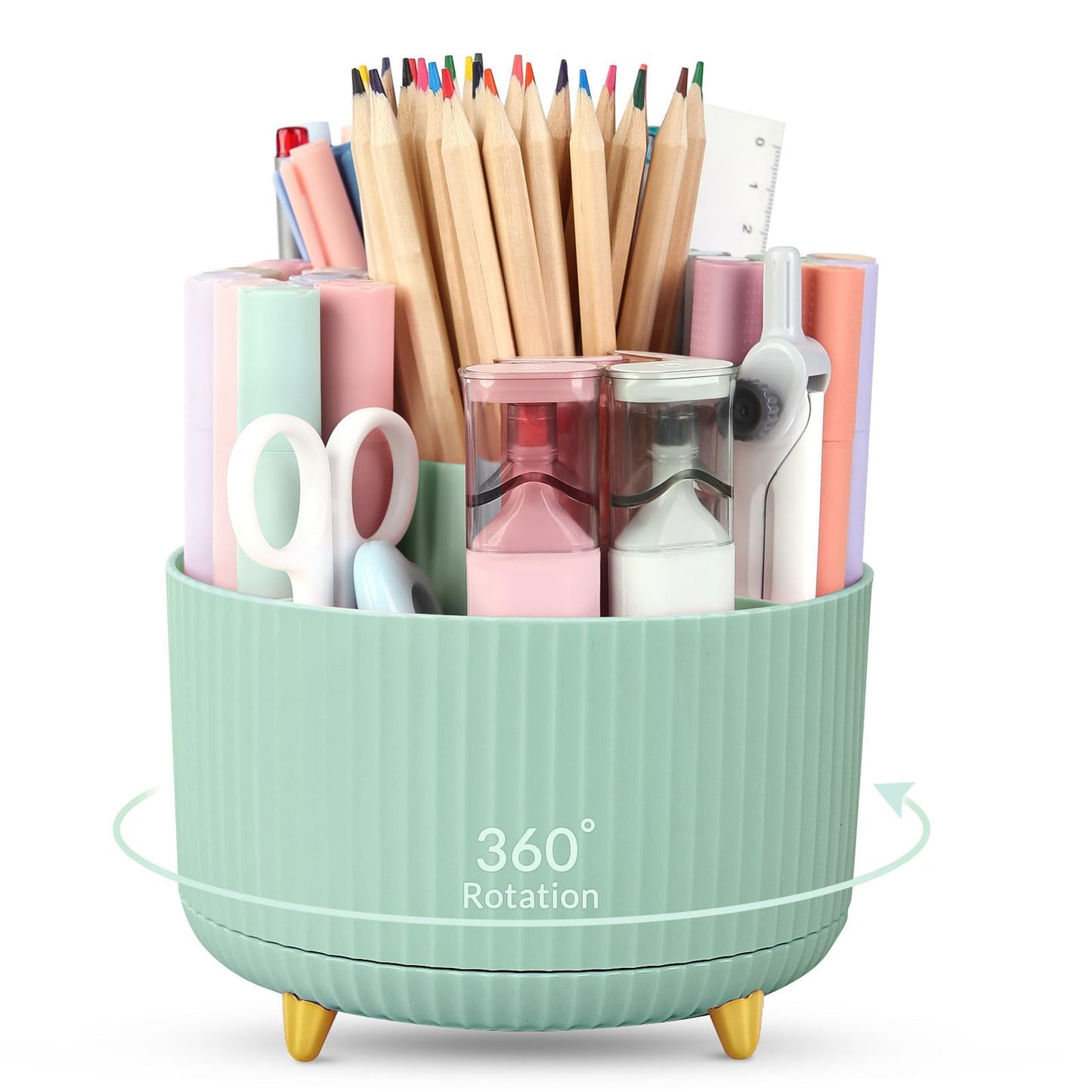 SKYDUE 360 Rotating Plastic Desk Pen Organizer with 5 Slots, Dual-Purpose Art Supply Pencil Cup for Office, School, Home