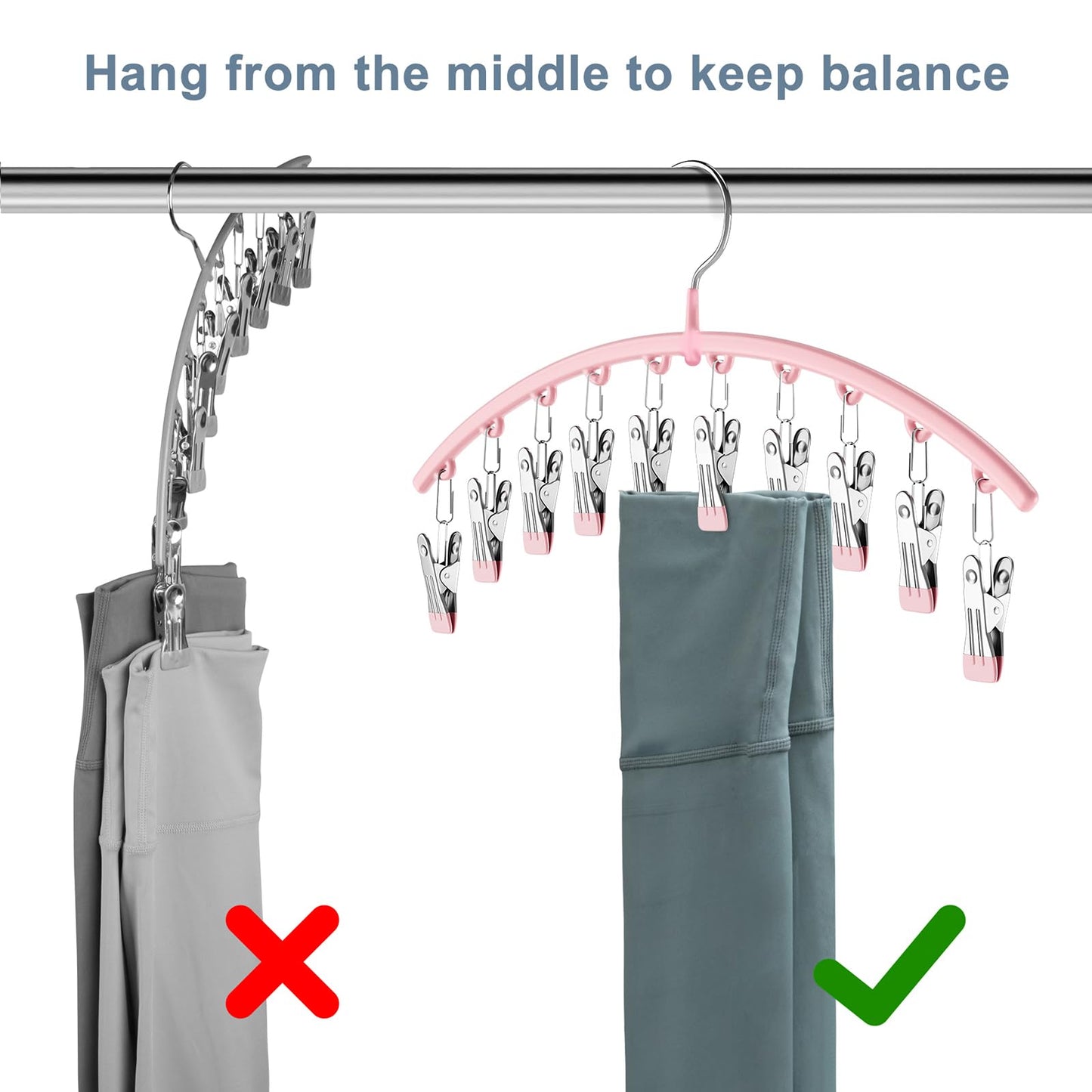 Metal Yoga Pants Hangers 2 Pack w/10 Clips Holds 20 Leggings, Space Saving Hanging Closet Organizer w/Rubber Coated Closet Organizer