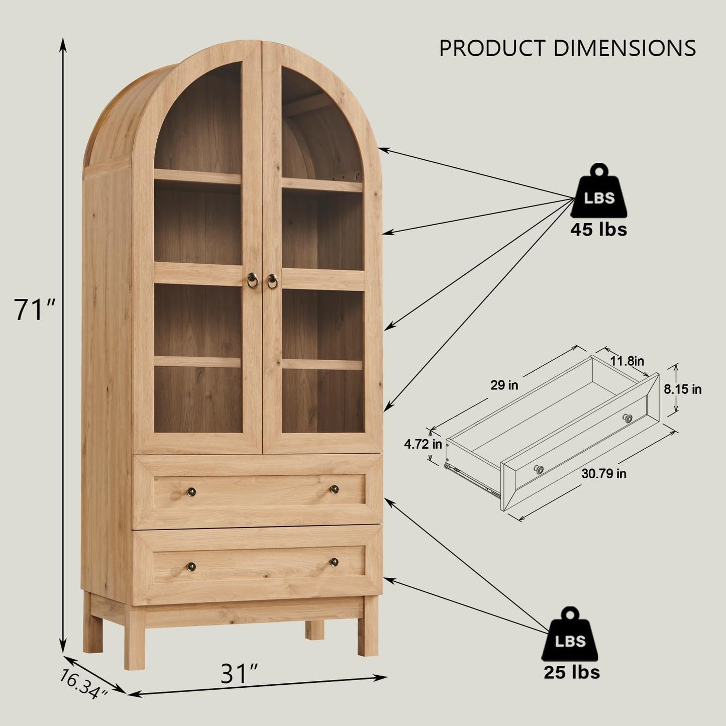 71" Tall Arched Kitchen Pantry, Modern Farmhouse Wood Kitchens Storage Cabinets with 2 Large Drawers and Adjustable Shelves