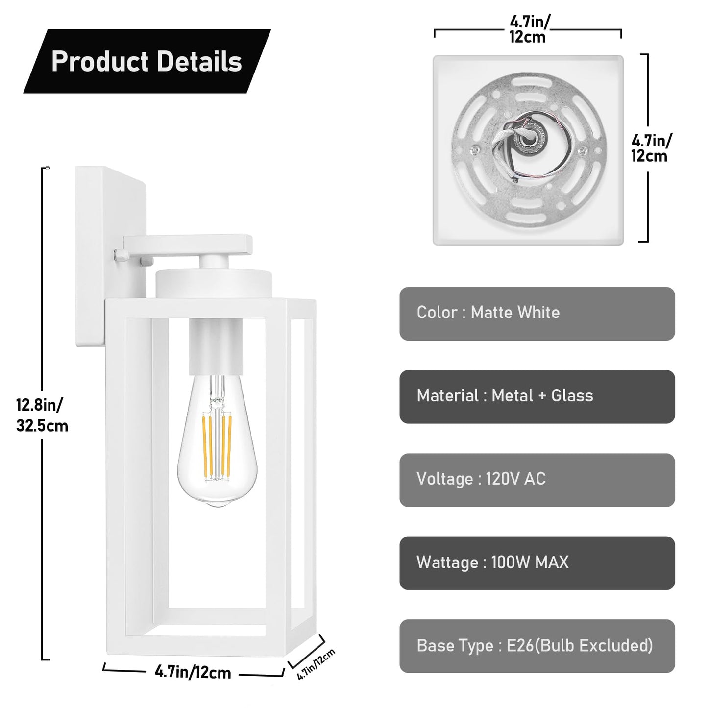 Outdoor Wall Light Fixtures, Exterior Waterproof Wall Lanterns, Porch Sconces Lighting with E26 Sockets & Glass Shades, Modern Matte Black Outside Lights for Patio Front Door Entryway Garage, 2-Pack