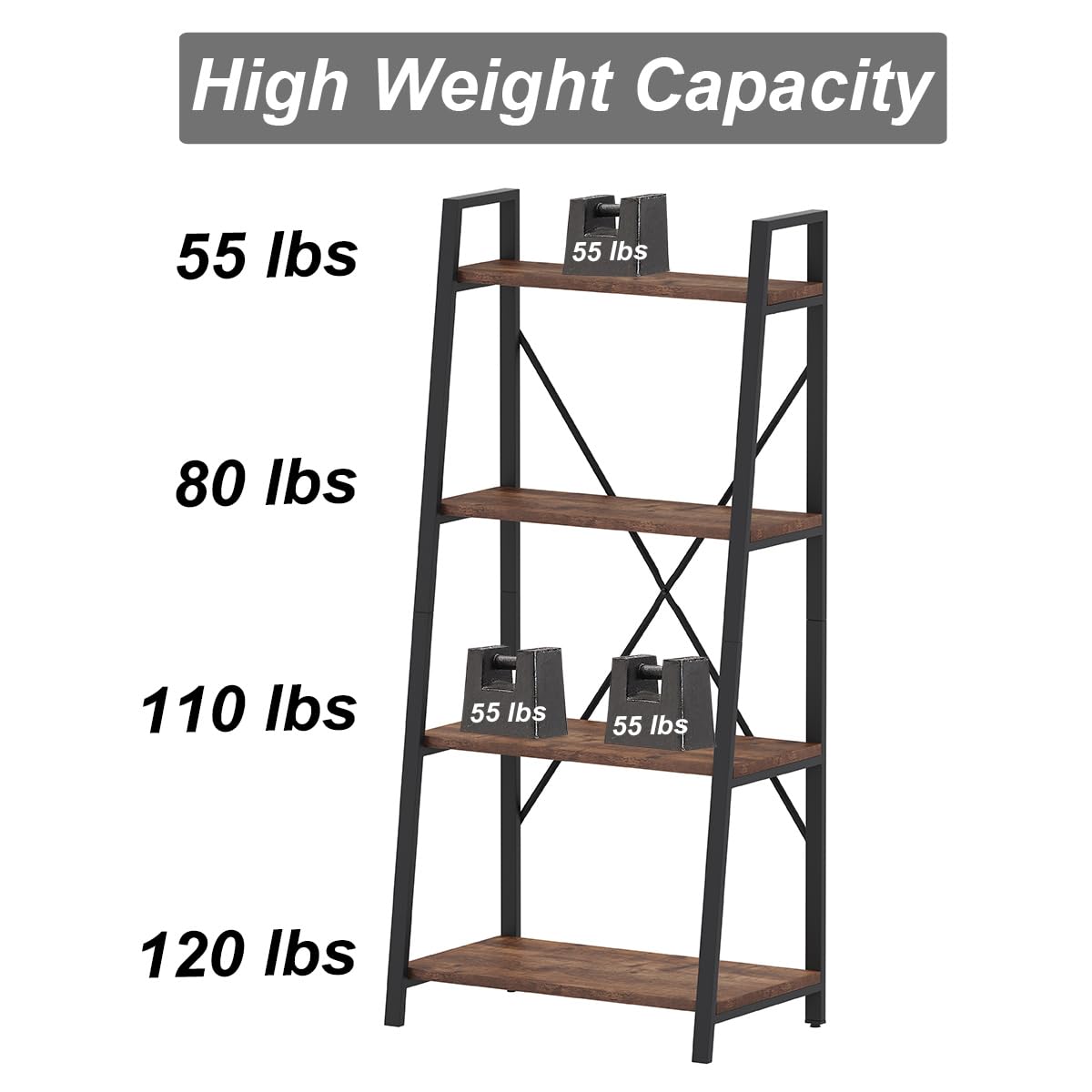 BON AUGURE Ladder Bookshelf, 4 Tier Ladder Shelf Bookcase, Wood Leaning Book Shelves for Living Room, Bedroom, Home Office Shelving Unit (Dark Grey Oak)