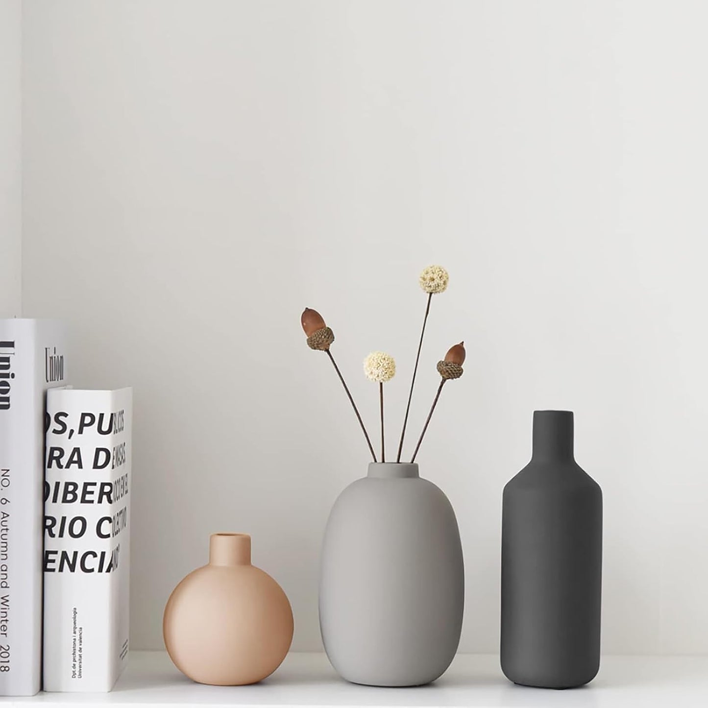 Ceramic Modern Farmhouse Vase, Neutral Small for Table, Living Room, Shelf, Bookshelf and Entryway Décor, Set of 3