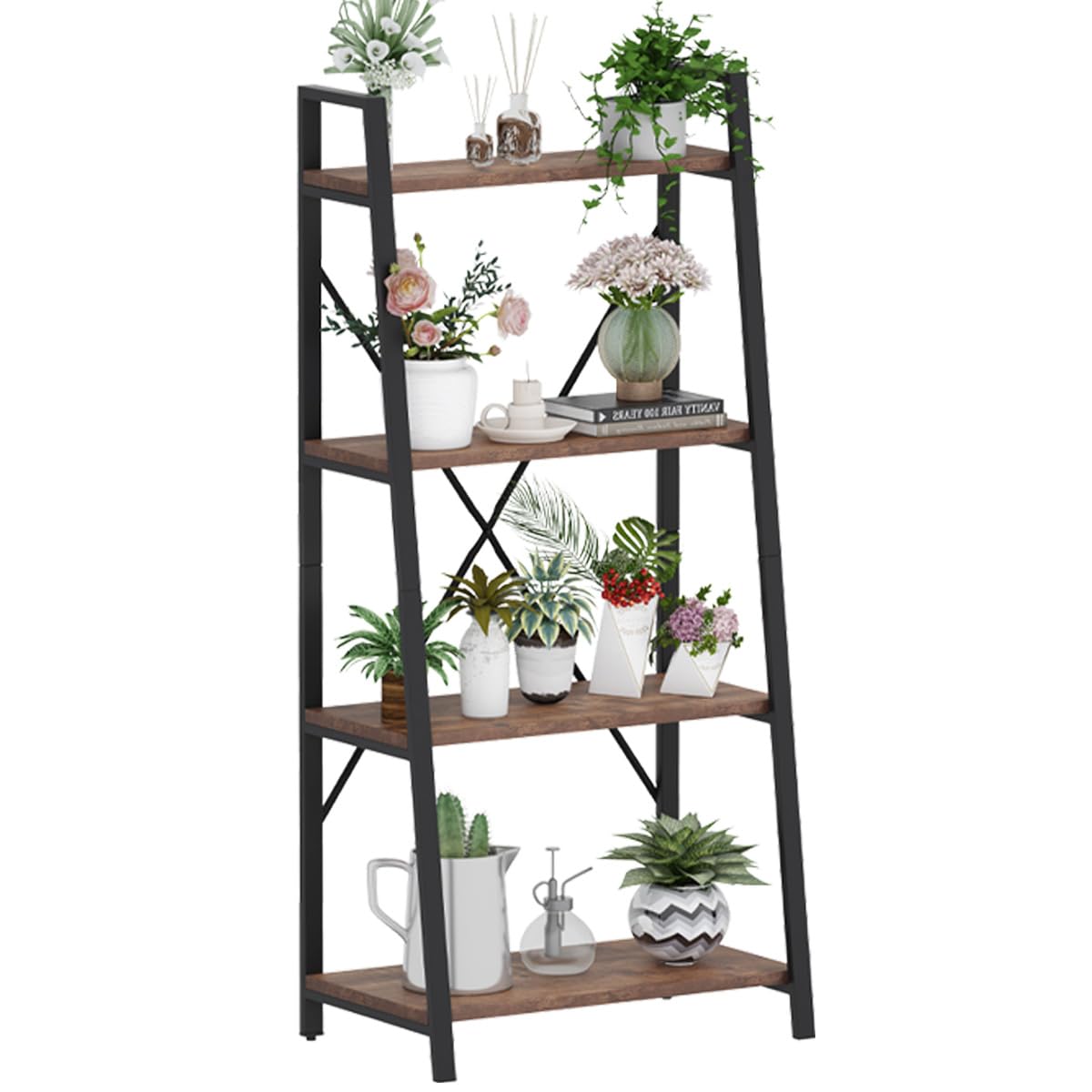 BON AUGURE Ladder Bookshelf, 4 Tier Ladder Shelf Bookcase, Wood Leaning Book Shelves for Living Room, Bedroom, Home Office Shelving Unit (Dark Grey Oak)