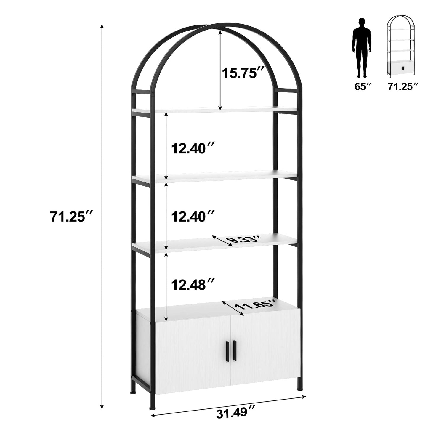 Arched Bookshelf, Bookcase with Doors Storage, 71 Inches Tall Industrial Book Shelf with Sturdy Metal Frame, E1 Quality Boards, Freestanding Display Shelving Unit, Black