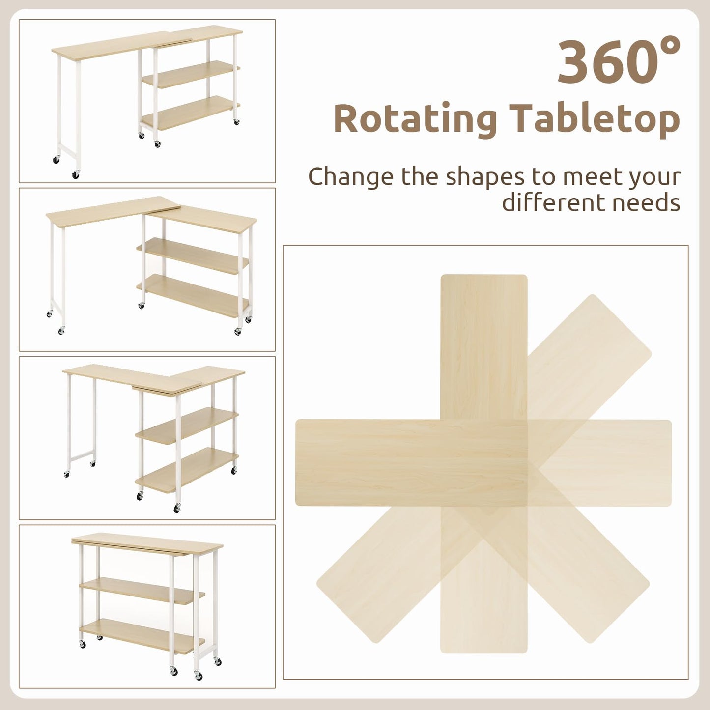 Tangkula 360° Rotating Sofa Side Table, Patented Mobile End Table with 2-Tier Storage Shelves, Swivel Rolling Desk with 6 Lockable Casters