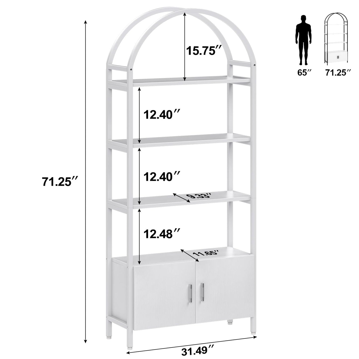 Arched Bookshelf, Bookcase with Doors Storage, 71 Inches Tall Industrial Book Shelf with Sturdy Metal Frame, E1 Quality Boards, Freestanding Display Shelving Unit, Black