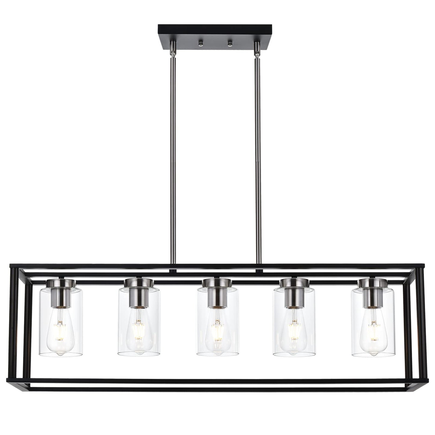 VINLUZ Farmhouse Chandeliers for Kitchen Island with Clear Glass Shade Black and Brushed Brass 5 Light Dining Room Lighting Fixtures Hanging, Rectangle Pendant Lights Industrial Ceiling Light