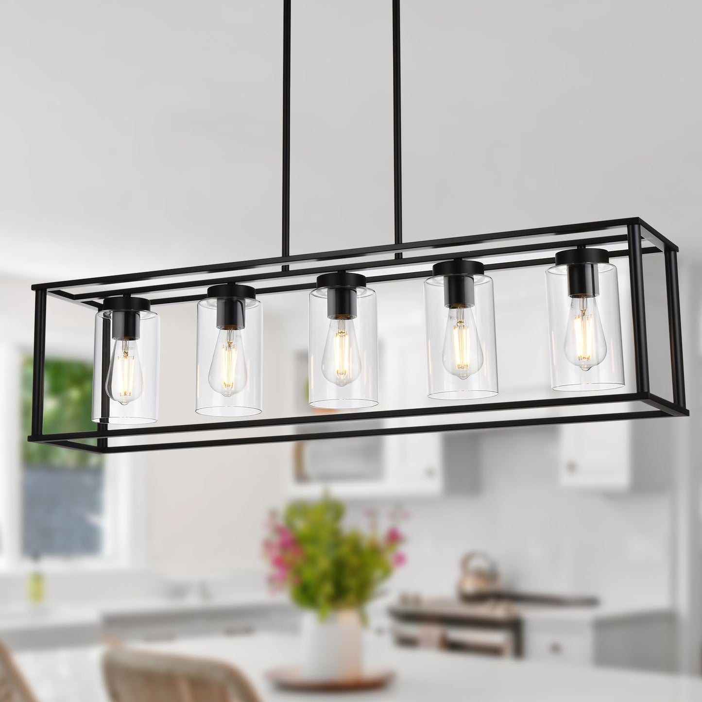 VINLUZ Farmhouse Chandeliers for Kitchen Island with Clear Glass Shade Black and Brushed Brass 5 Light Dining Room Lighting Fixtures Hanging, Rectangle Pendant Lights Industrial Ceiling Light