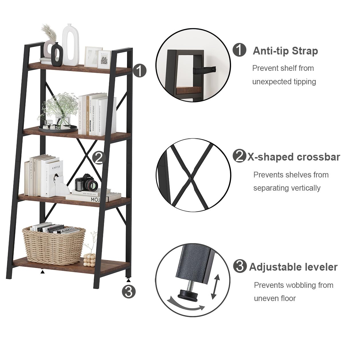 BON AUGURE Ladder Bookshelf, 4 Tier Ladder Shelf Bookcase, Wood Leaning Book Shelves for Living Room, Bedroom, Home Office Shelving Unit (Dark Grey Oak)