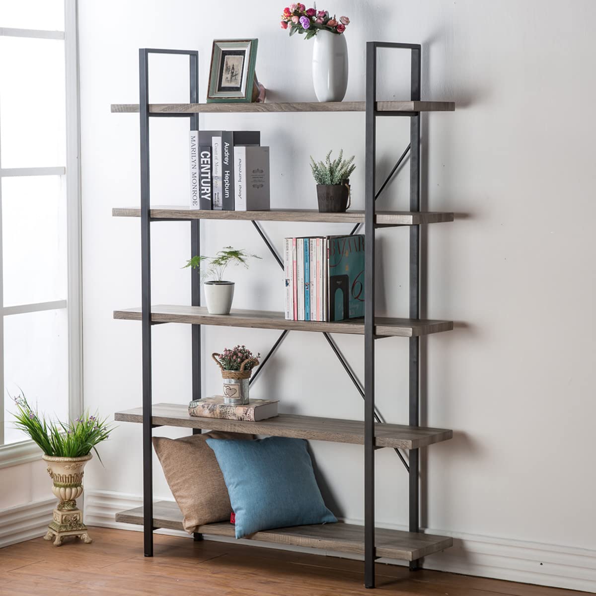 HSH Tall Bookcases and Book Shelves 6 Shelf, Metal Wooden Book Shelf and Storage Rack, Modern Etagere 6 Tier Bookshelf, Farmhouse Large Display Bookshelves for Bedroom Living Room Office, Rustic Oak