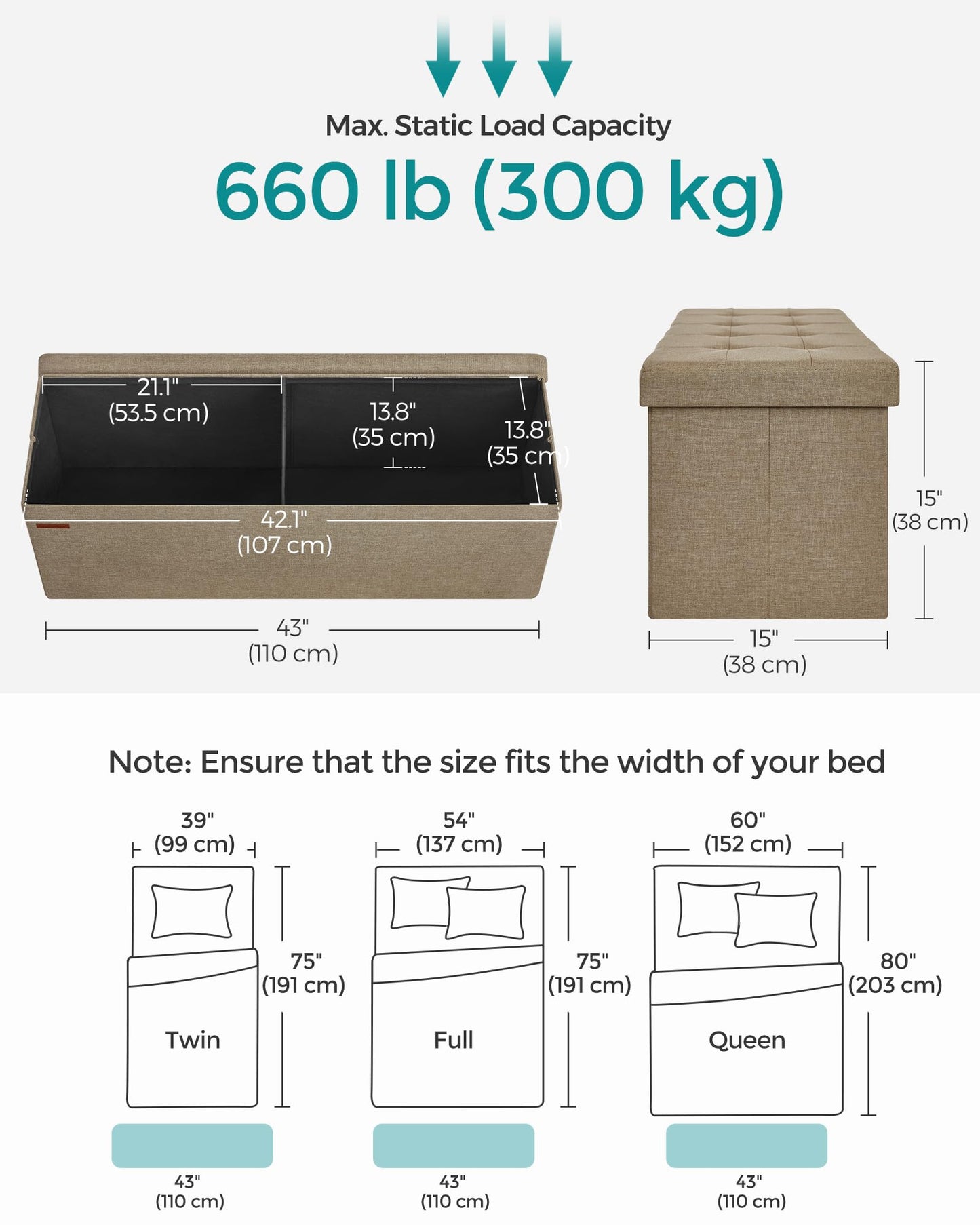 SONGMICS MAZIE Collection - 43 Inches Folding Storage Ottoman Bench, Ottoman Foot Rest, End of Bed Bench, Storage Chest, Load 660 lb, for Living Room, Bedroom, Entryway, Midnight Blue ULSF77IN