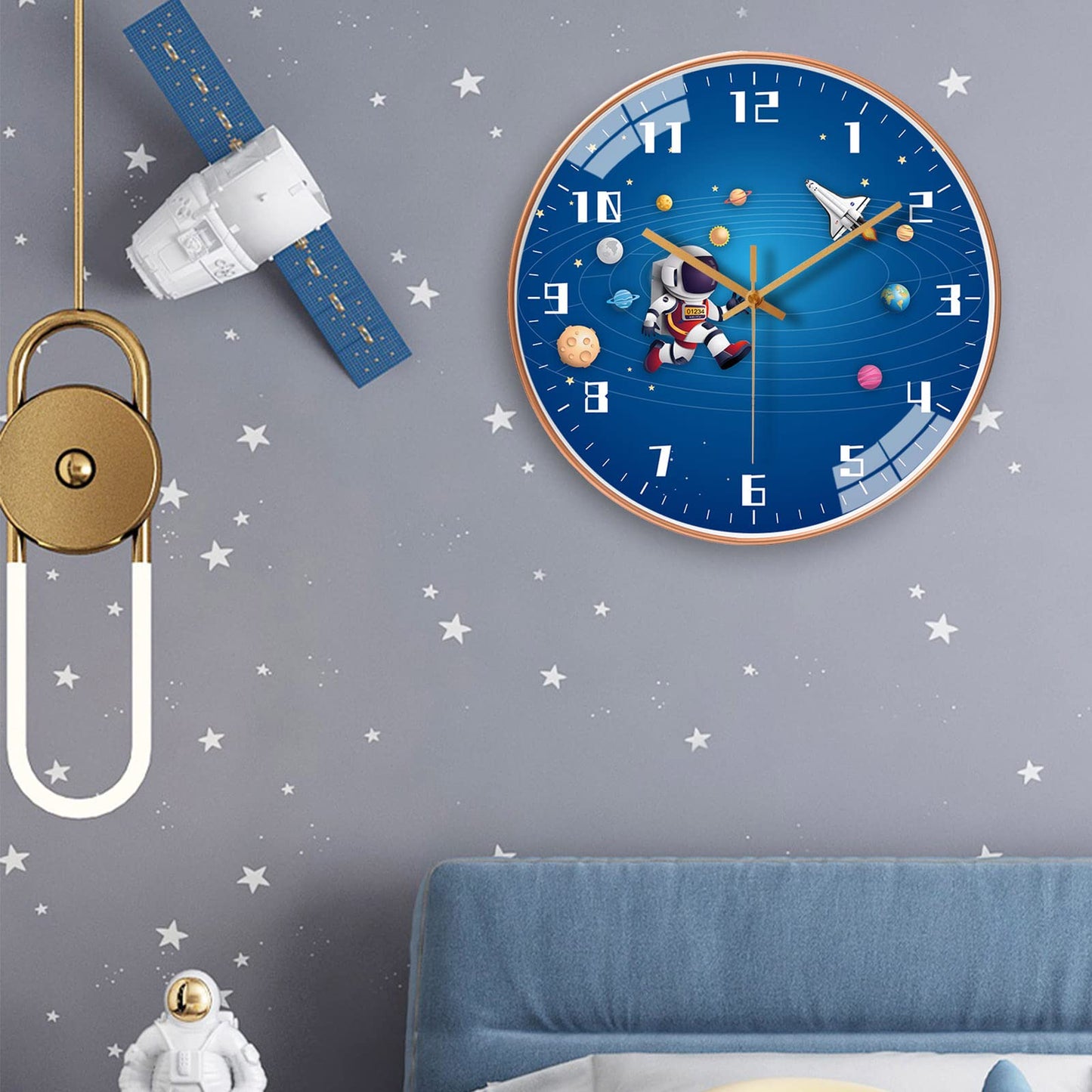 12 Inch Silent Movement Kids Wall Clock, Non Ticking Children Round Wall Clock Battery Operated Space Travel Style Decor Children Clock for School Boys Bedroom Living Room Space Decor (Blue)