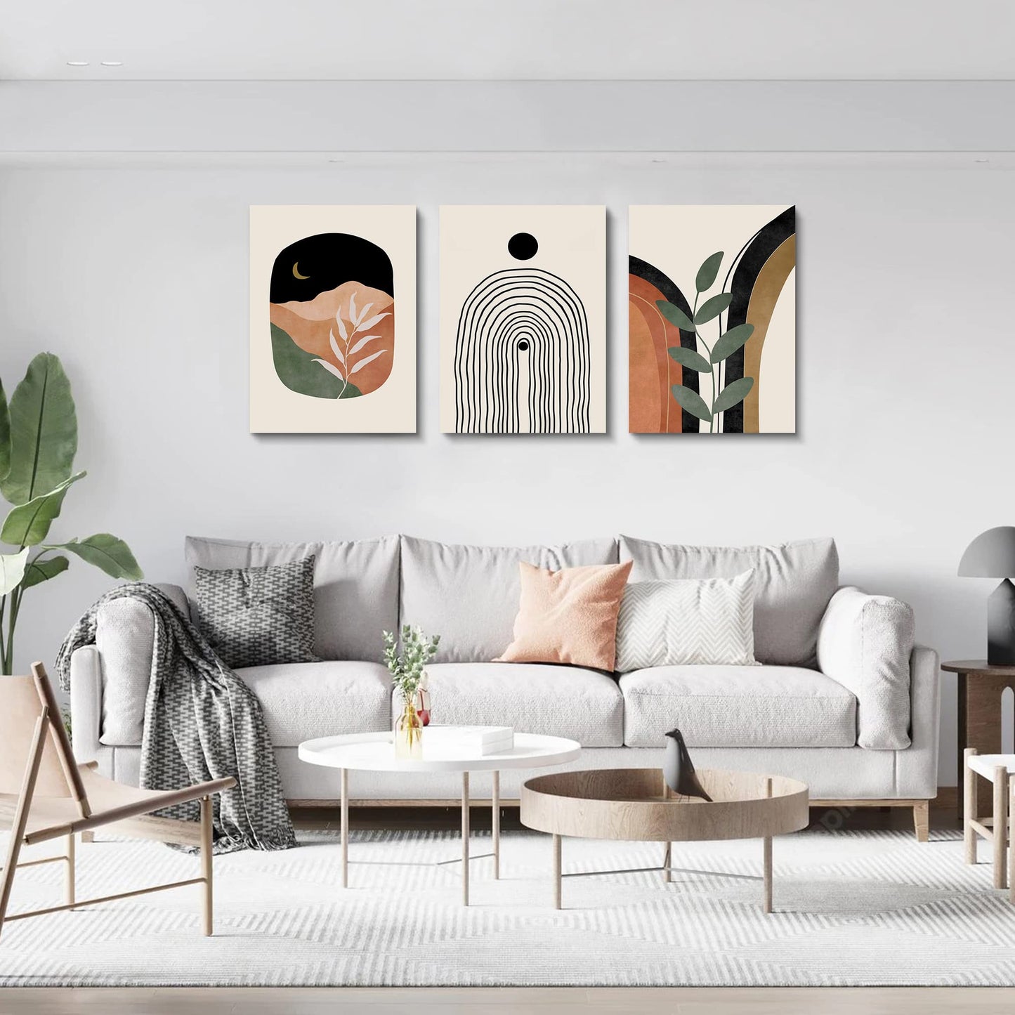 Sage Green Wall Posters & Prints, Green Boho Wall Art Set of 3, Minimalist Framed Wall Art Geometric Line Leaf Sun Moon Beige Green